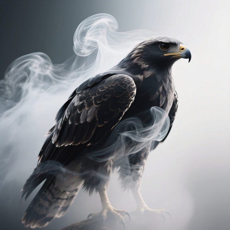 Photorealistic Image: A Shadow Hawk With Feathers Made Of Smoke.