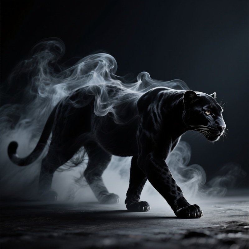 Photorealistic Image: A Shadow Panther Formed Entirely From Black Smoke Moving Silently Through Darkness.