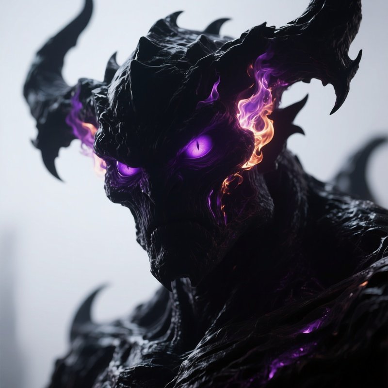 Photorealistic Image: A Shadow Titan With Burning Purple Eyes.