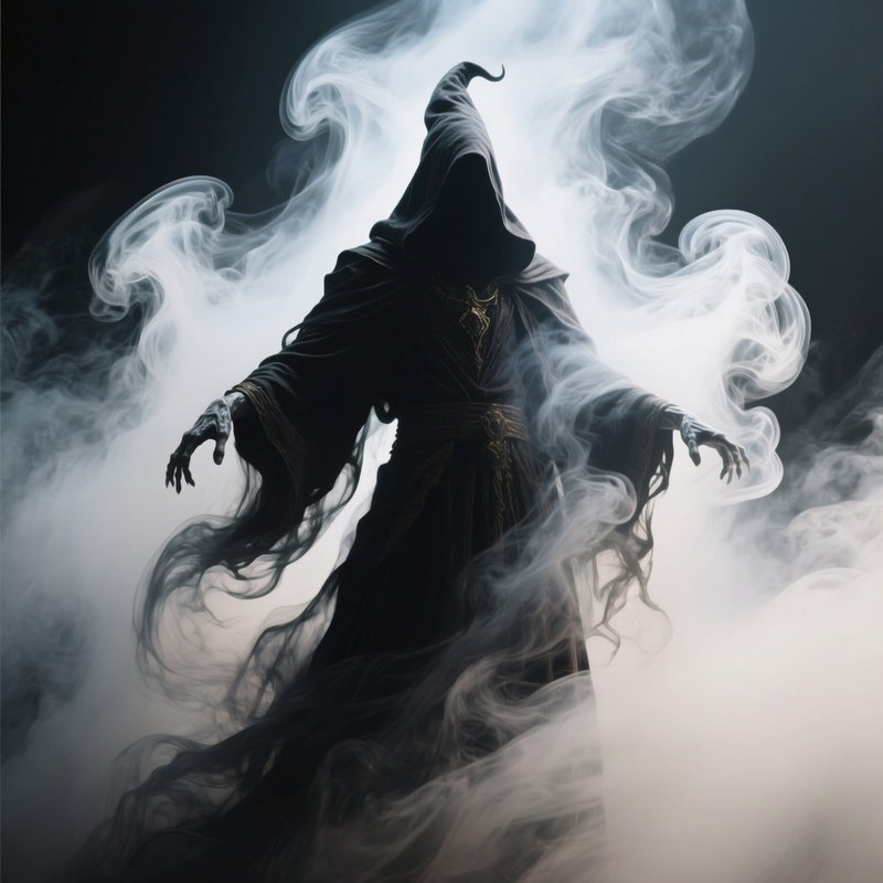 Photorealistic Image: A Shadow Warlock Materializing From Swirling Smoke.