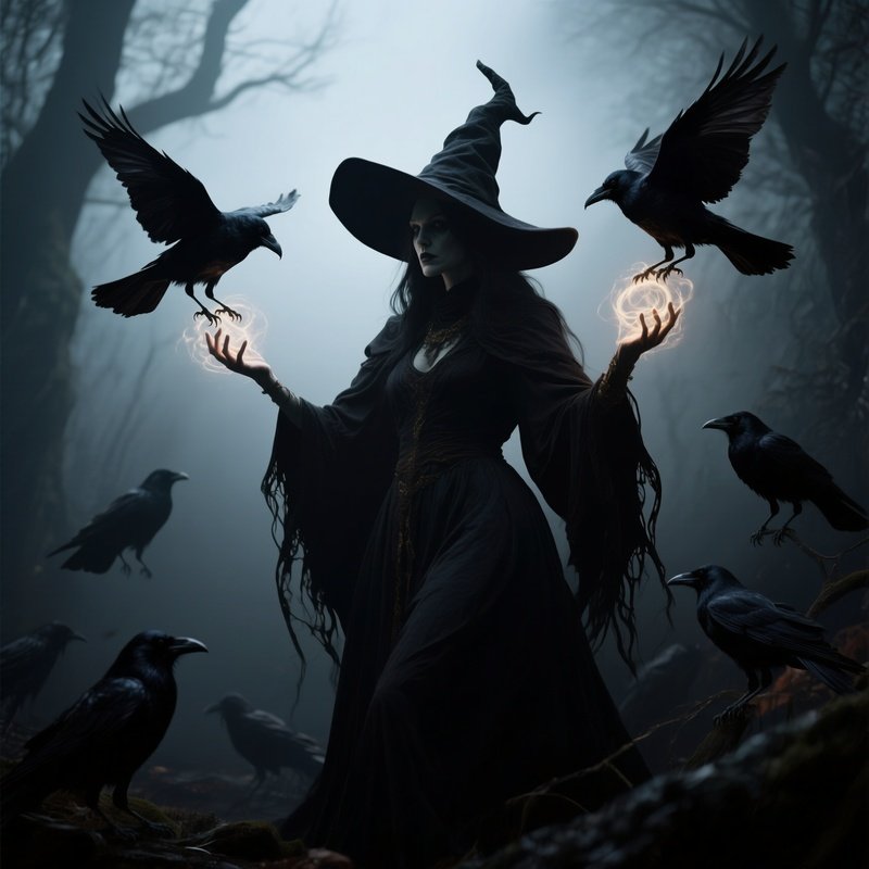 Photorealistic Image: A Shadow Witch Conjuring Ravens From Darkness.
