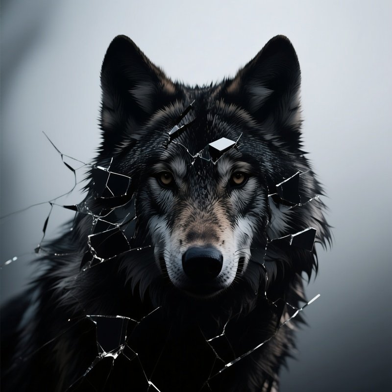 Photorealistic Image: A Shadow Wolf Composed Of Fractured Darkness.