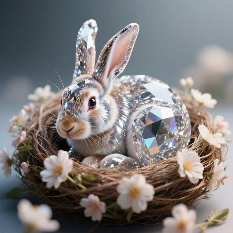 Photorealistic Image: A Shimmering Crystal Rabbit Curled In A Flower Nest.