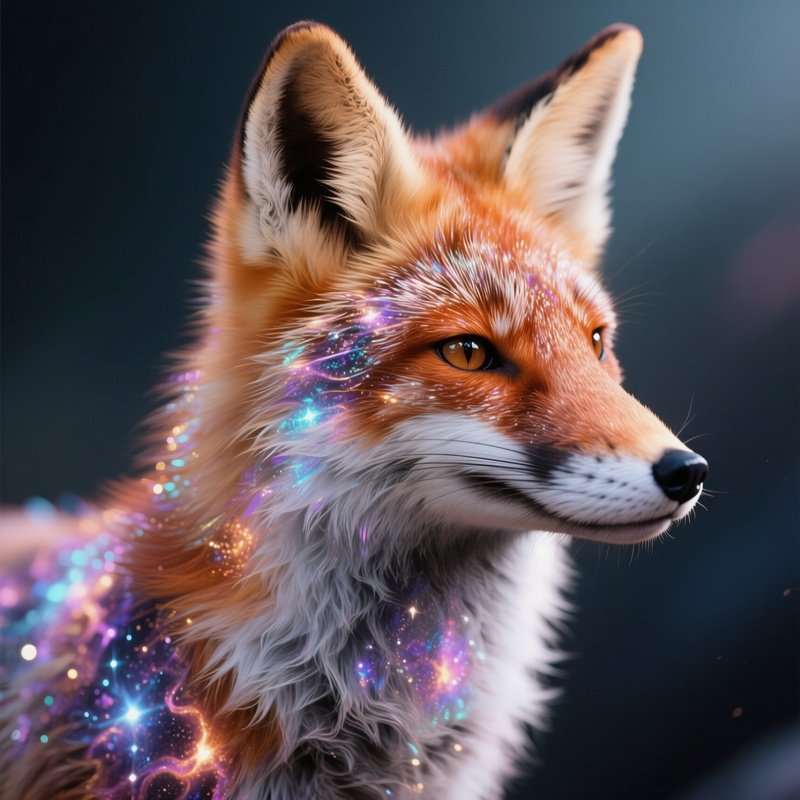 Photorealistic Image: A Shimmering Magical Fox With Nebula Patterned Fur.