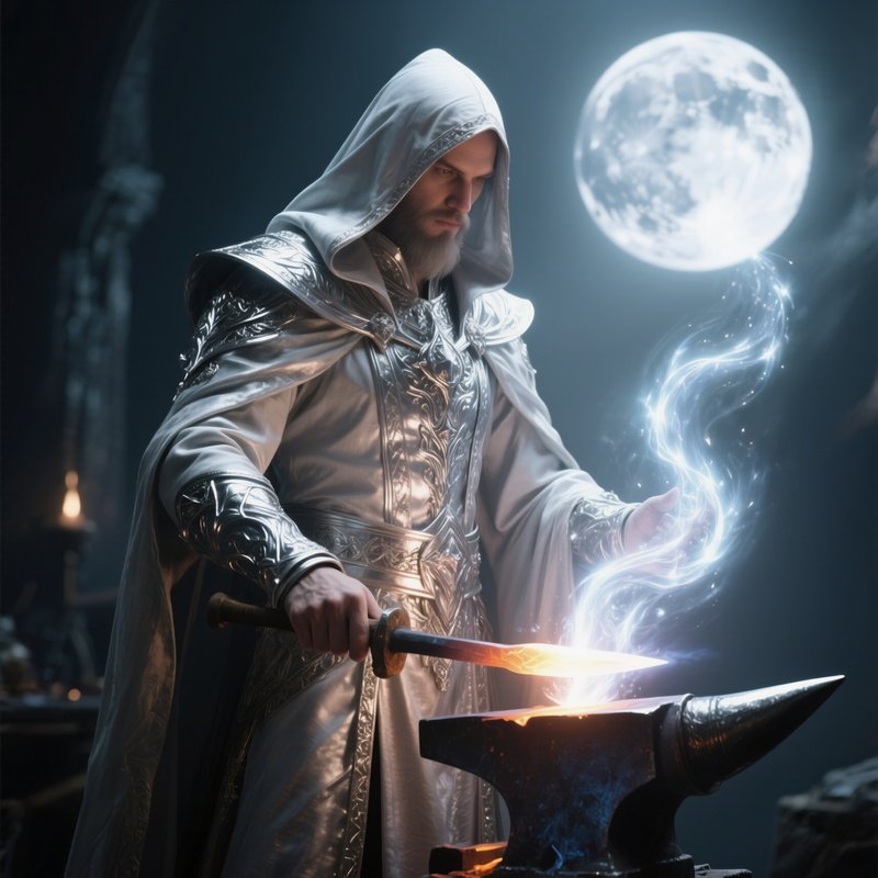 Photorealistic Image: A Silver Mage Forging Moonlight Spells.