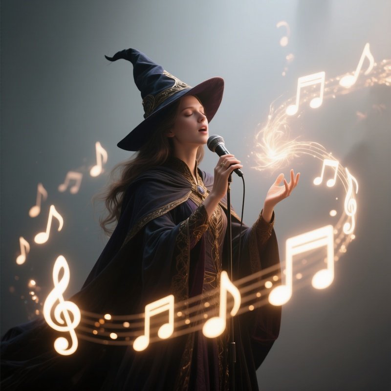 Photorealistic Image: A Singing Mage Conjuring Floating Light Notes.