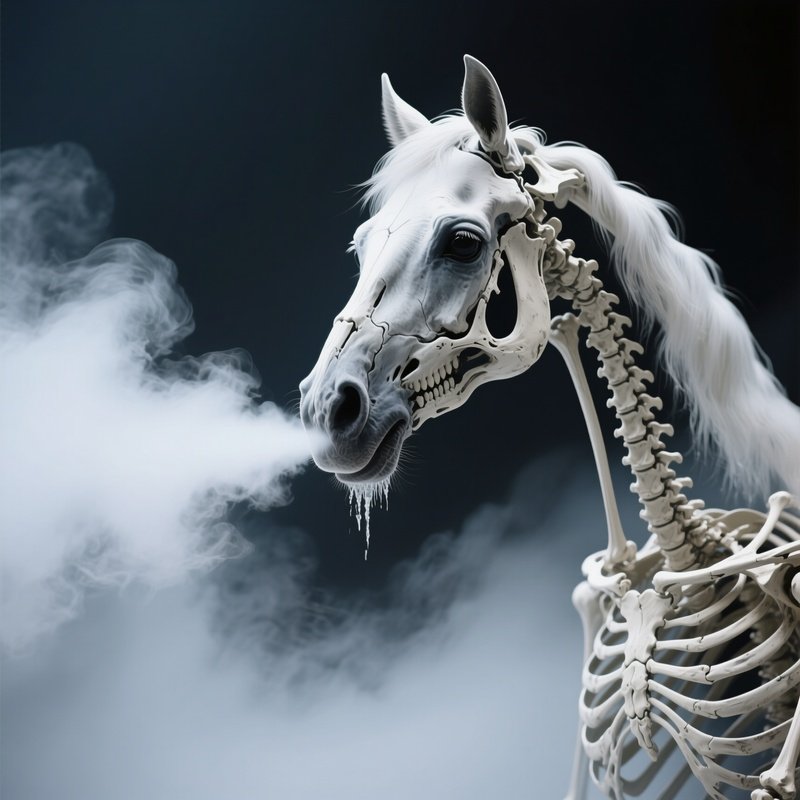 Photorealistic Image: A Skeletal Horse Breathing Icy Fog.