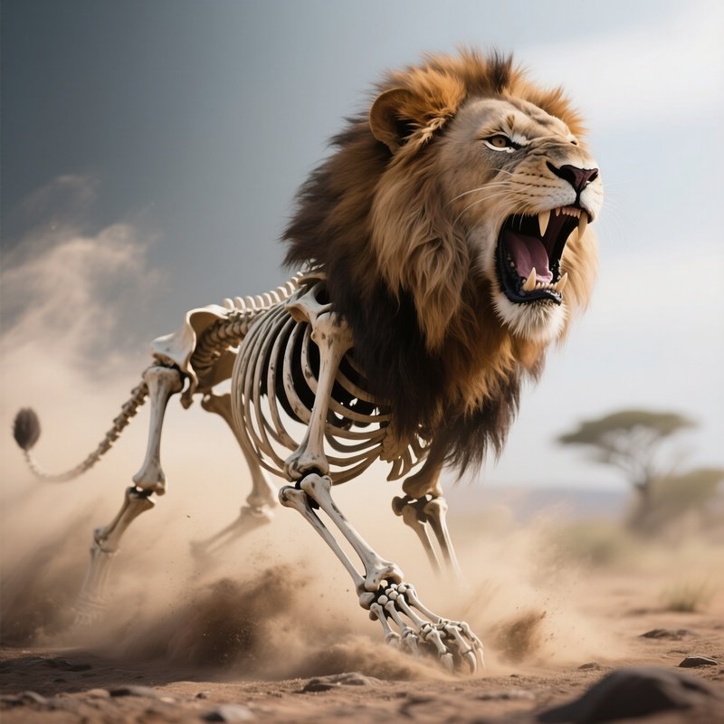 Photorealistic Image: A Skeletal Lion Roaring Dust Clouds.