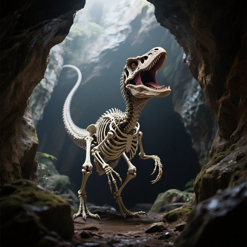Photorealistic Image: A Skeletal Raptor Creature Shrieking Through Caverns.
