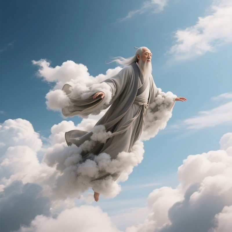 Photorealistic Image: A Sky Sage Gliding In A Robe Made Of Clouds.