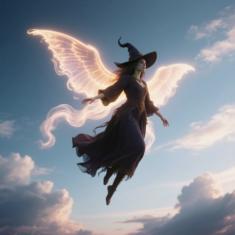 Photorealistic Image: A Sky Witch Levitating With Glowing Wings Of Air.
