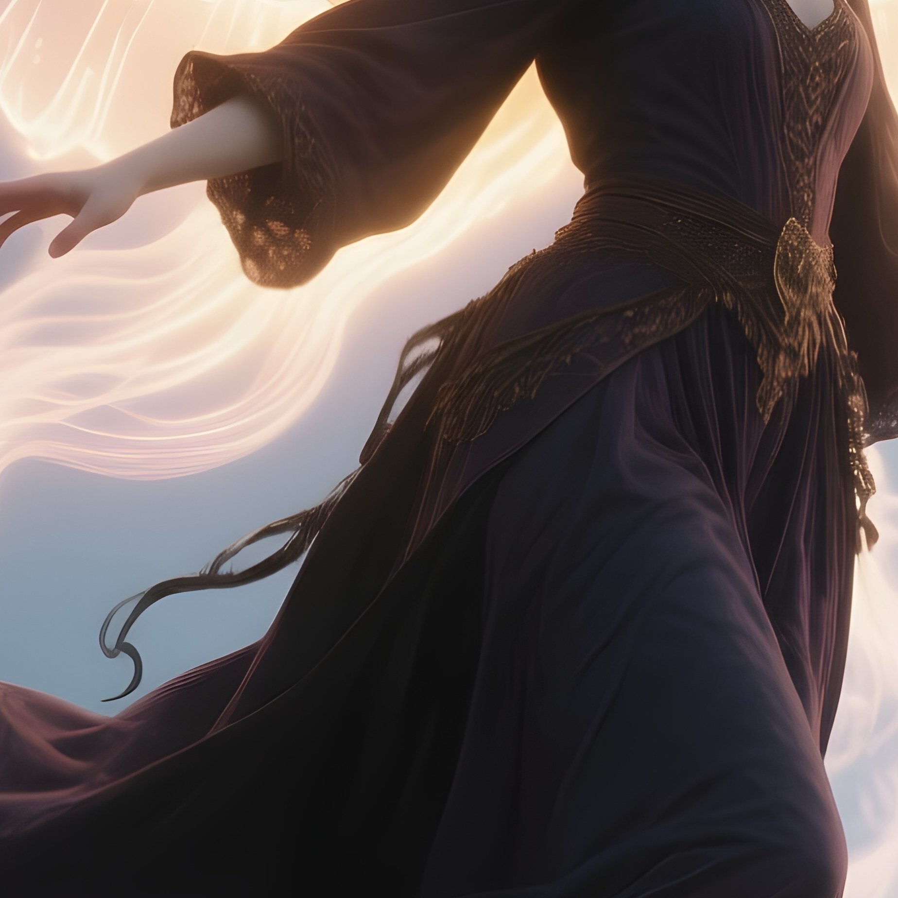 Photorealistic Image: A Sky Witch Levitating With Glowing Wings Of Air. - Full Resolution Quality Preview