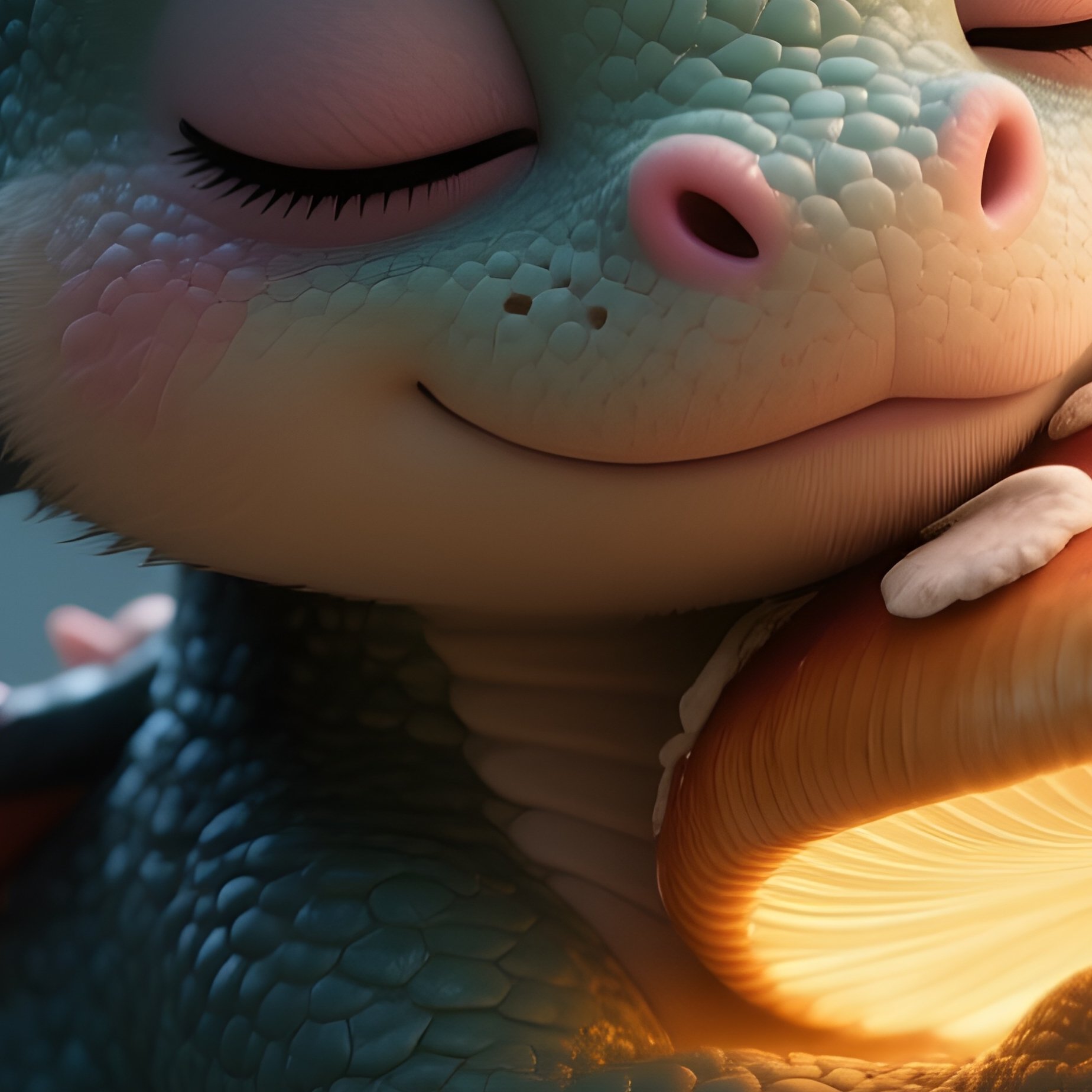 Photorealistic Image: A Sleepy Dragon Pup Hugging A Glowing Mushroom. - Full Resolution Quality Preview