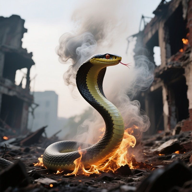 Photorealistic Image: A Smoke Cobra Rising From Burning Ruins.