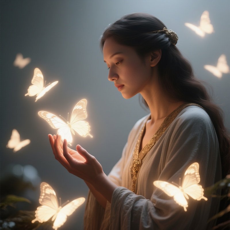 Photorealistic Image: A Soul Healer Touching Glowing Spirit Butterflies.