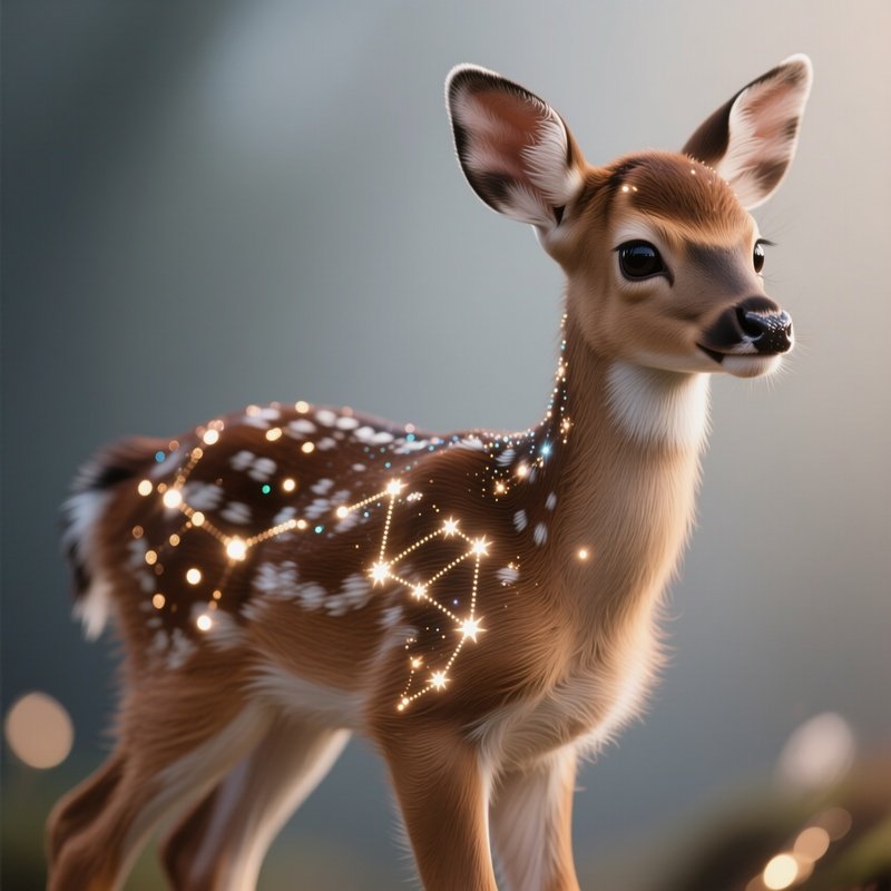 Photorealistic Image: A Sparkling Deer Fawn With Glowing Constellation Spots.