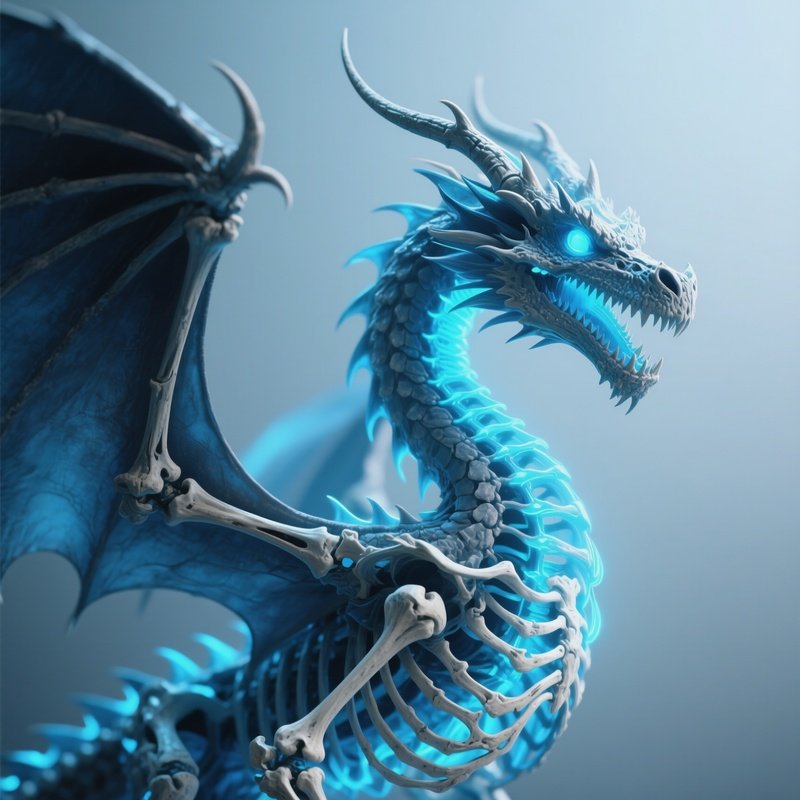 Photorealistic Image: A Spectral Dragon Whose Bones Glow Faint Blue.