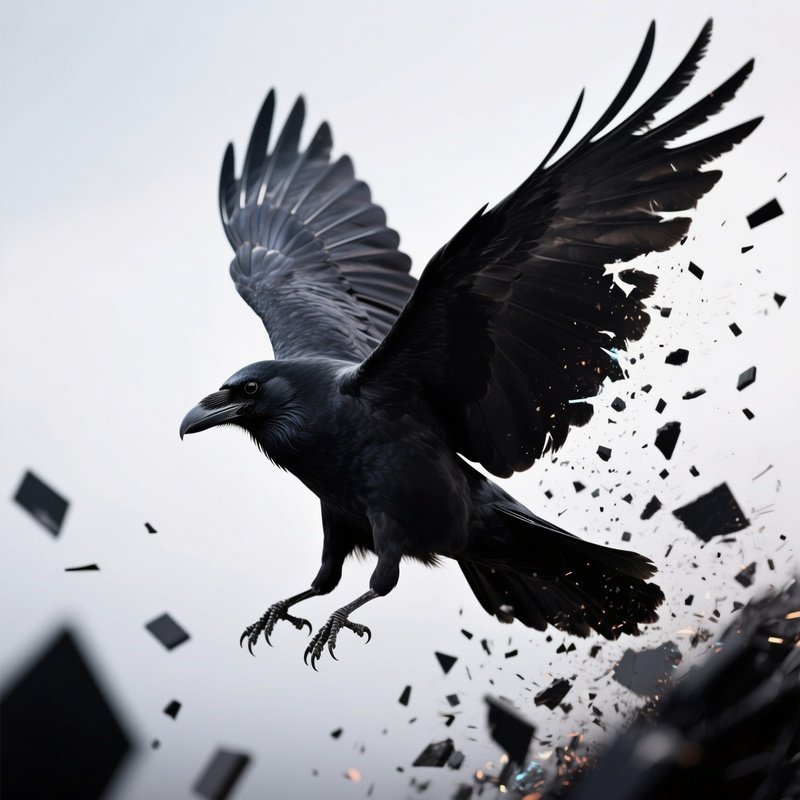 Photorealistic Image: A Spectral Raven Breaking Into Black Particles When It Flaps Its Wings.