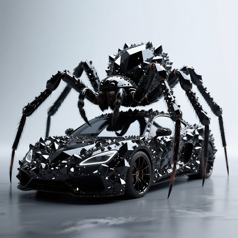 Photorealistic Image: A Spider The Size Of A Car Covered In Black Crystals.