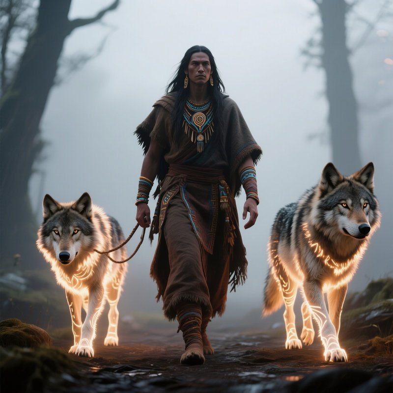 Photorealistic Image: A Spirit Shaman Walking With Glowing Ancestral Wolves.