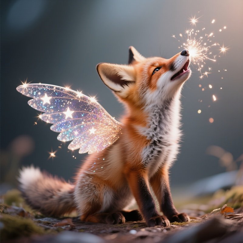 Photorealistic Image: A Starry Winged Fox Cub Howling Tiny Glitter Sparks.