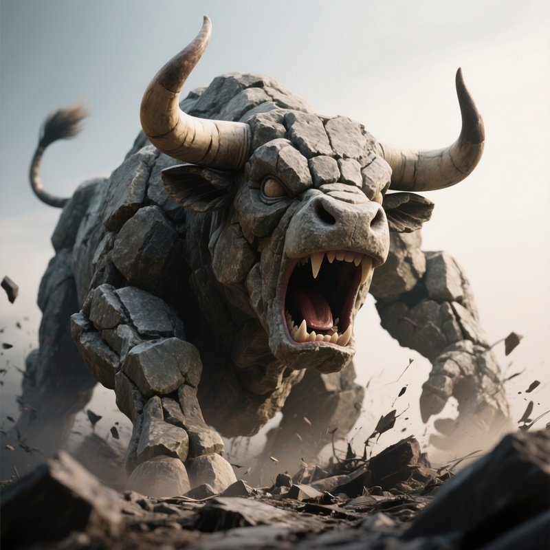 Photorealistic Image: A Stone Golem Shaped Like A Bull Roaring Earthquakes.