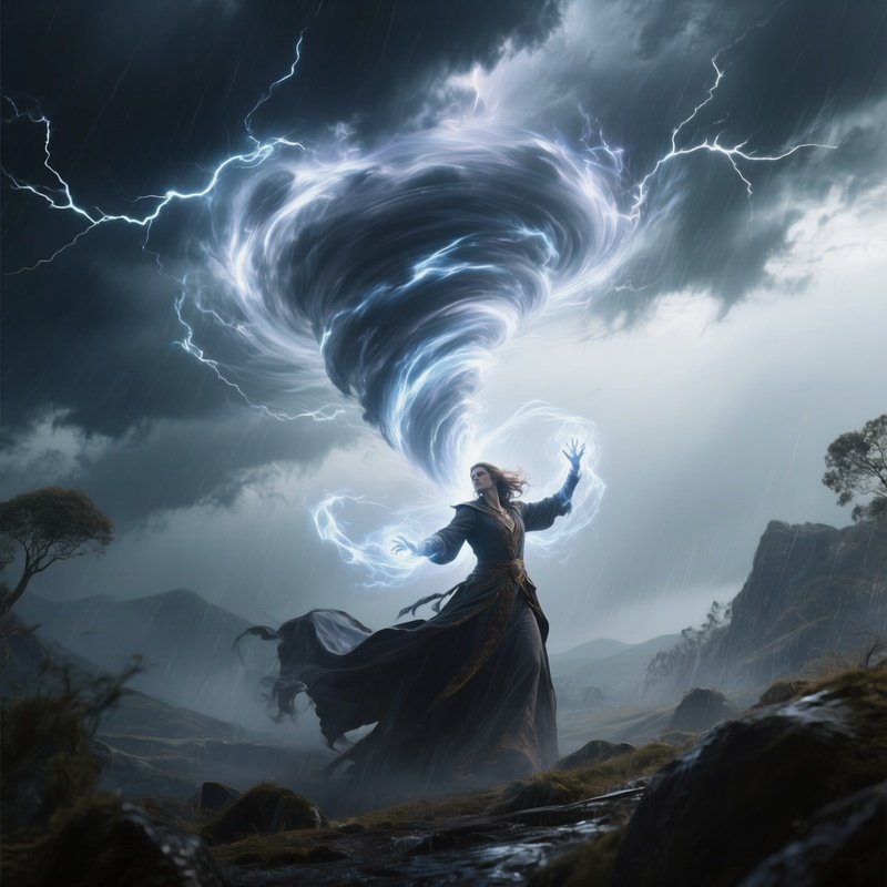 Photorealistic Image: A Storm Enchanter Controlling Swirling Cyclone Energy.