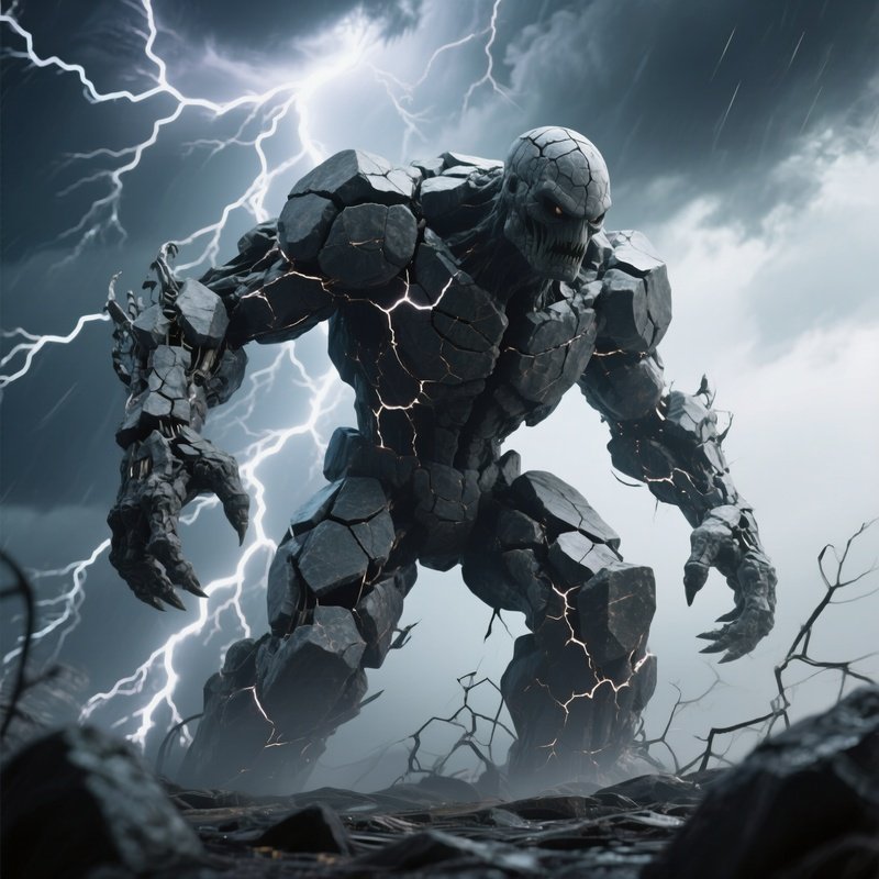 Photorealistic Image: A Storm Golem Made Of Cracked Thunderstone.