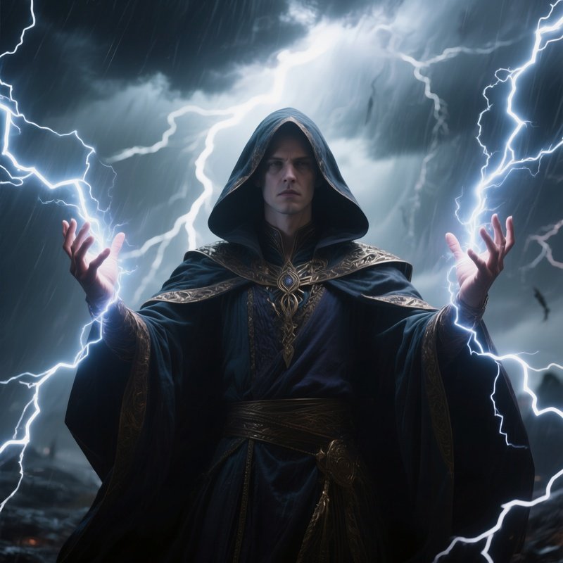 Photorealistic Image: A Storm Mage Summoning Lightning Between Both Hands.