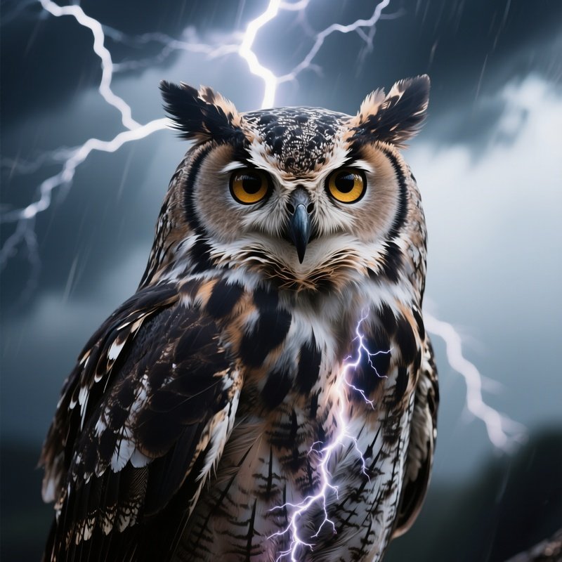 Photorealistic Image: A Storm Owl Whose Feathers Spark Lightning.