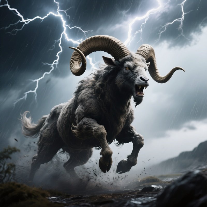 Photorealistic Image: A Storm Ram Charging With Horns Of Lightning.