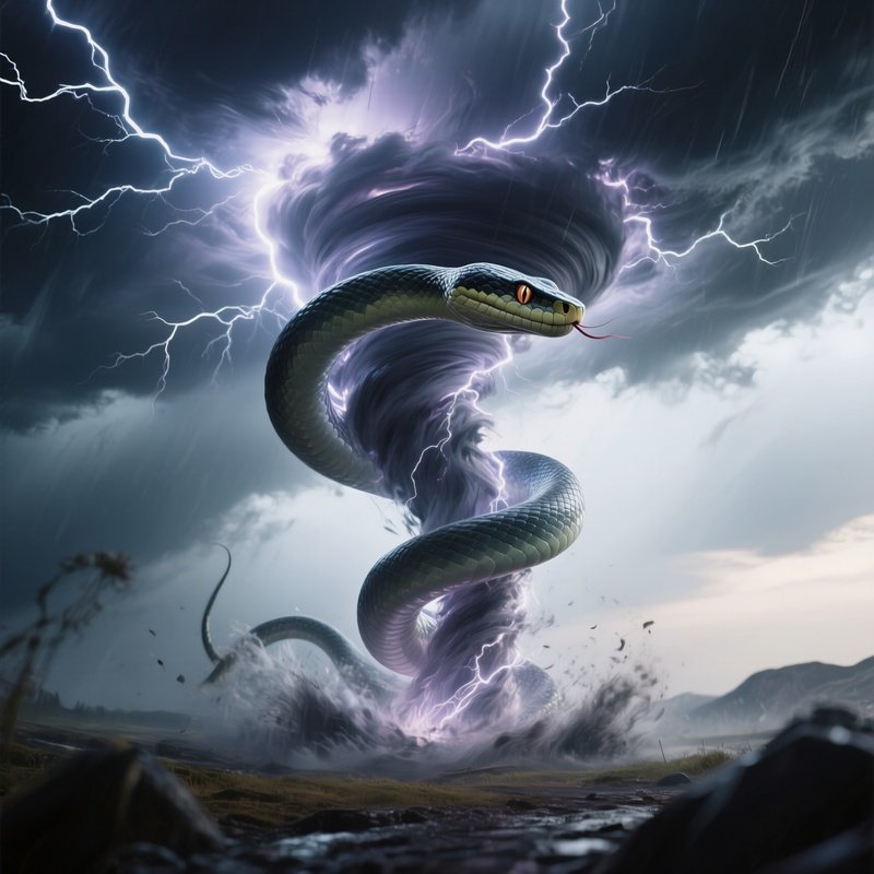 Photorealistic Image: A Storm Serpent Swirling Inside A Living Tornado Of Lightning.