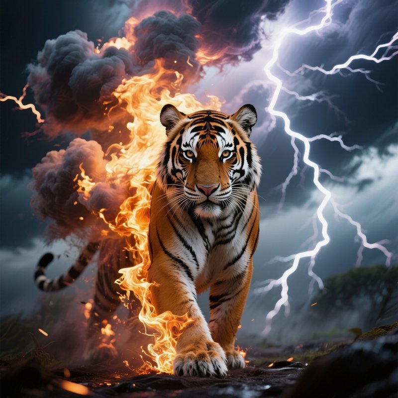 Photorealistic Image: A Storm Tiger Burning With Swirling Thunderclouds.