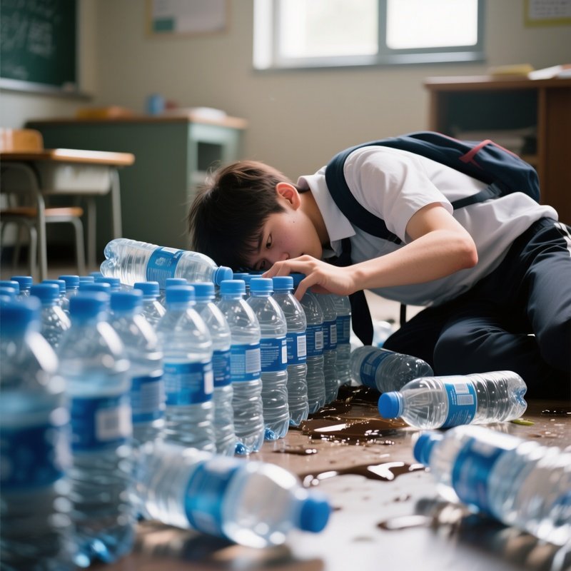 Photorealistic Image: A Student Accidentally Knocking Over A Whole Row Of Water Bottles.