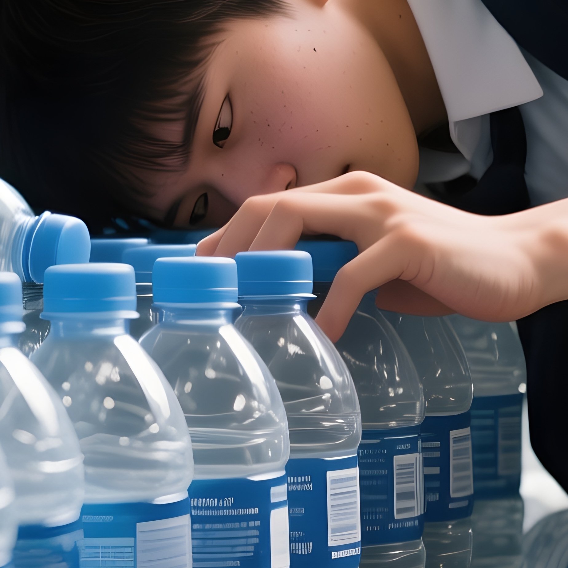 Photorealistic Image: A Student Accidentally Knocking Over A Whole Row Of Water Bottles. - Full Resolution Quality Preview