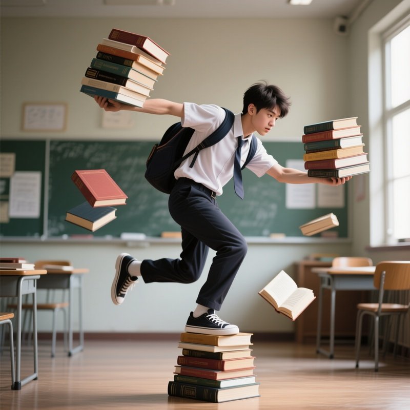 Photorealistic Image: A Student Balancing Way Too Many Textbooks While Wobbling Dramatically.