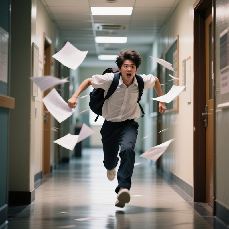 Photorealistic Image: A Student Desperately Chasing A Paper Blown By Hallway Wind.