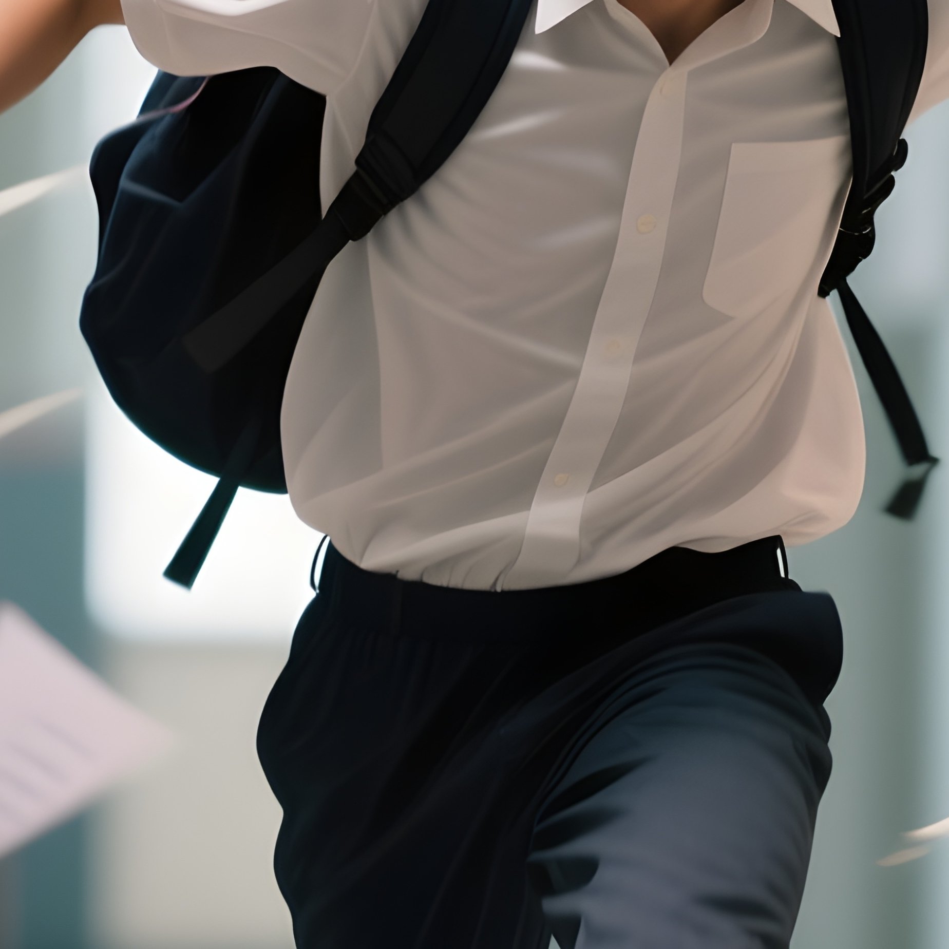Photorealistic Image: A Student Desperately Chasing A Paper Blown By Hallway Wind. - Full Resolution Quality Preview
