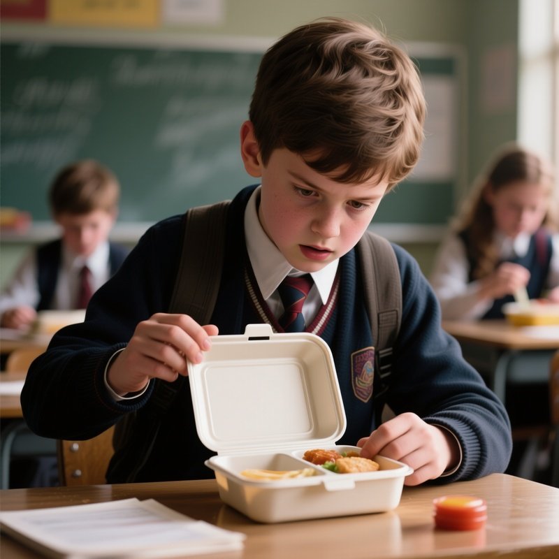 Photorealistic Image: A Student Dramatically Checking Their Empty Lunchbox Like A Soap Opera Scene.
