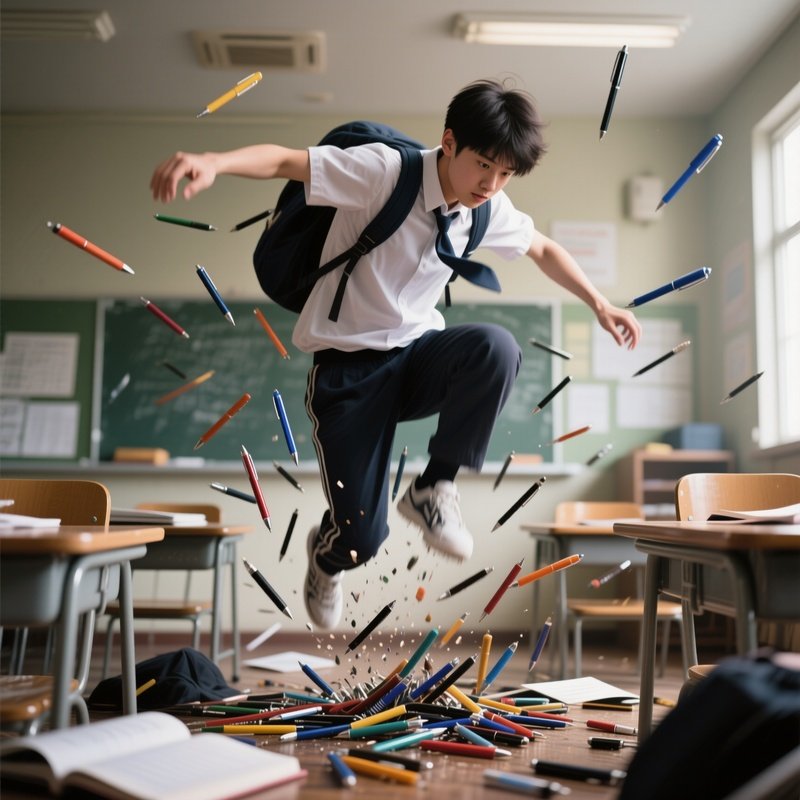 Photorealistic Image: A Student Dropping All Their Pens At Once While Acting Like It’S The End Of The World.