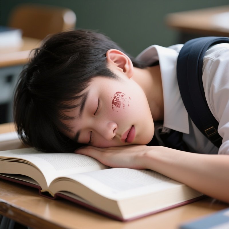 Photorealistic Image: A Student Falling Asleep On Their Textbook With Imprint Marks On Their Cheek.