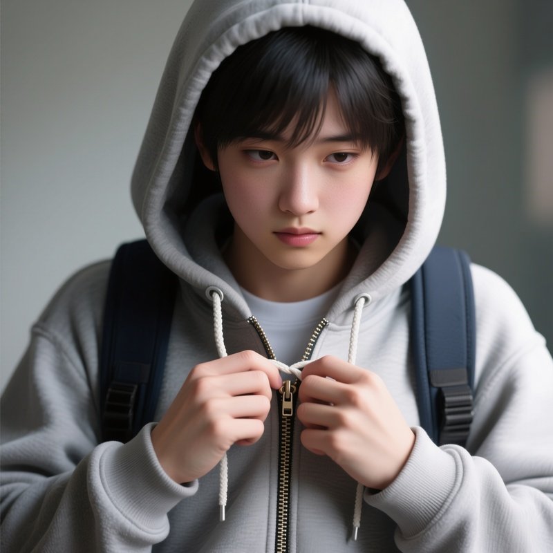 Photorealistic Image: A Student Getting Their Hoodie String Stuck In A Zipper.