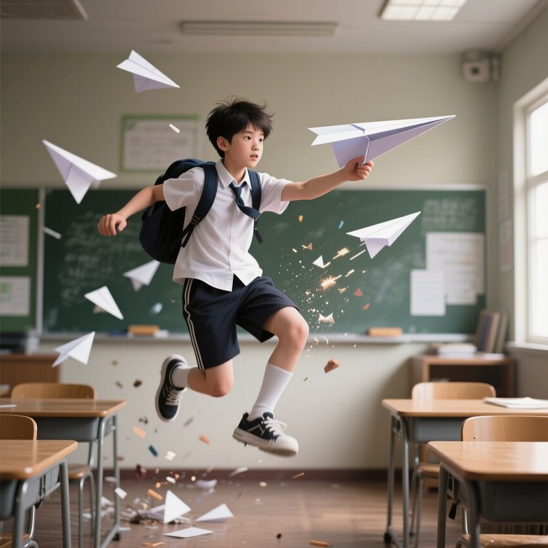 Photorealistic Image: A Student Launching An Accidental Paper Airplane Masterpiece Across Class.