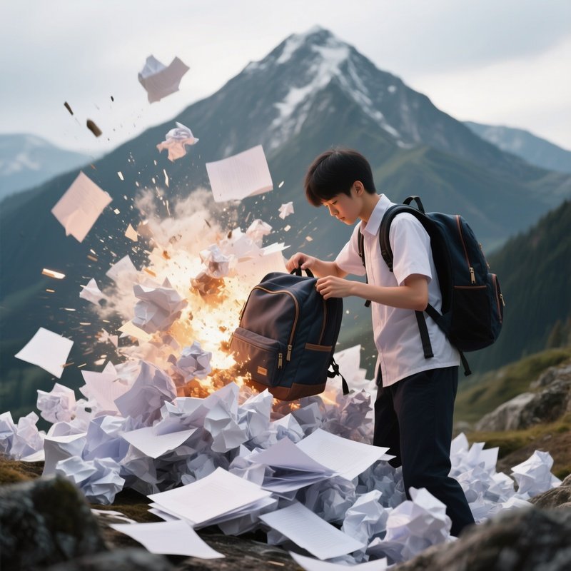 Photorealistic Image: A Student Opening A Backpack And A Mountain Of Crumpled Papers Exploding Out.