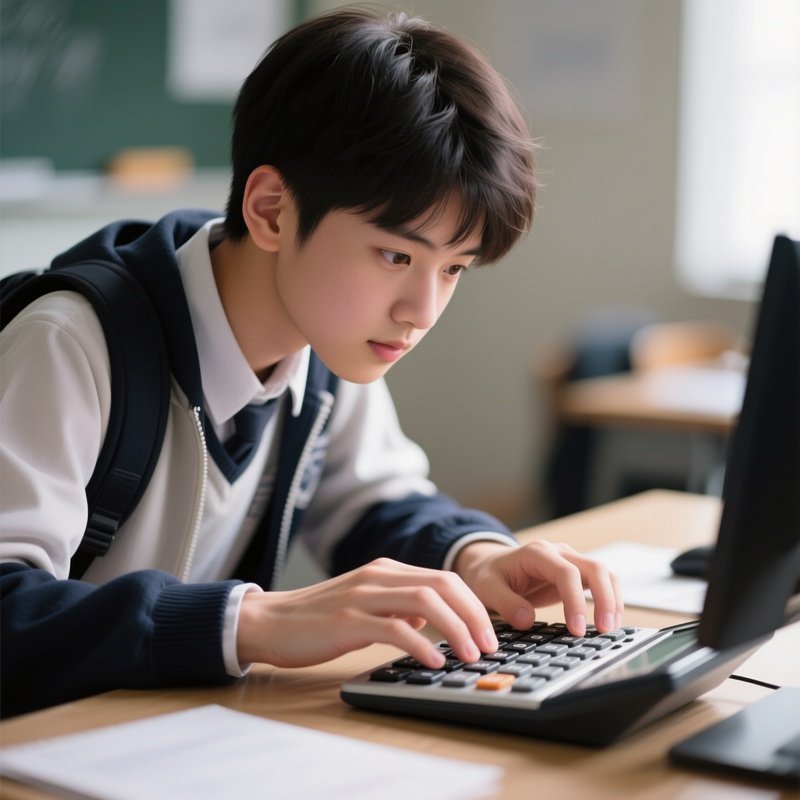 Photorealistic Image: A Student Pretending To Type Super Fast On A Calculator.