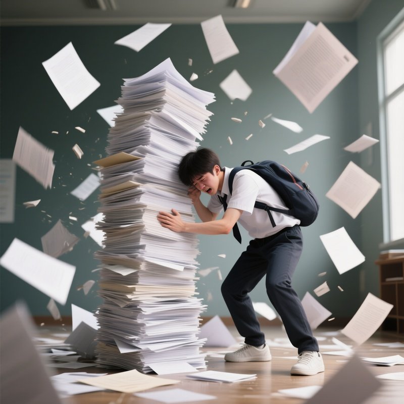 Photorealistic Image: A Student Struggling To Keep A Giant Stack Of Papers From Flying Away.