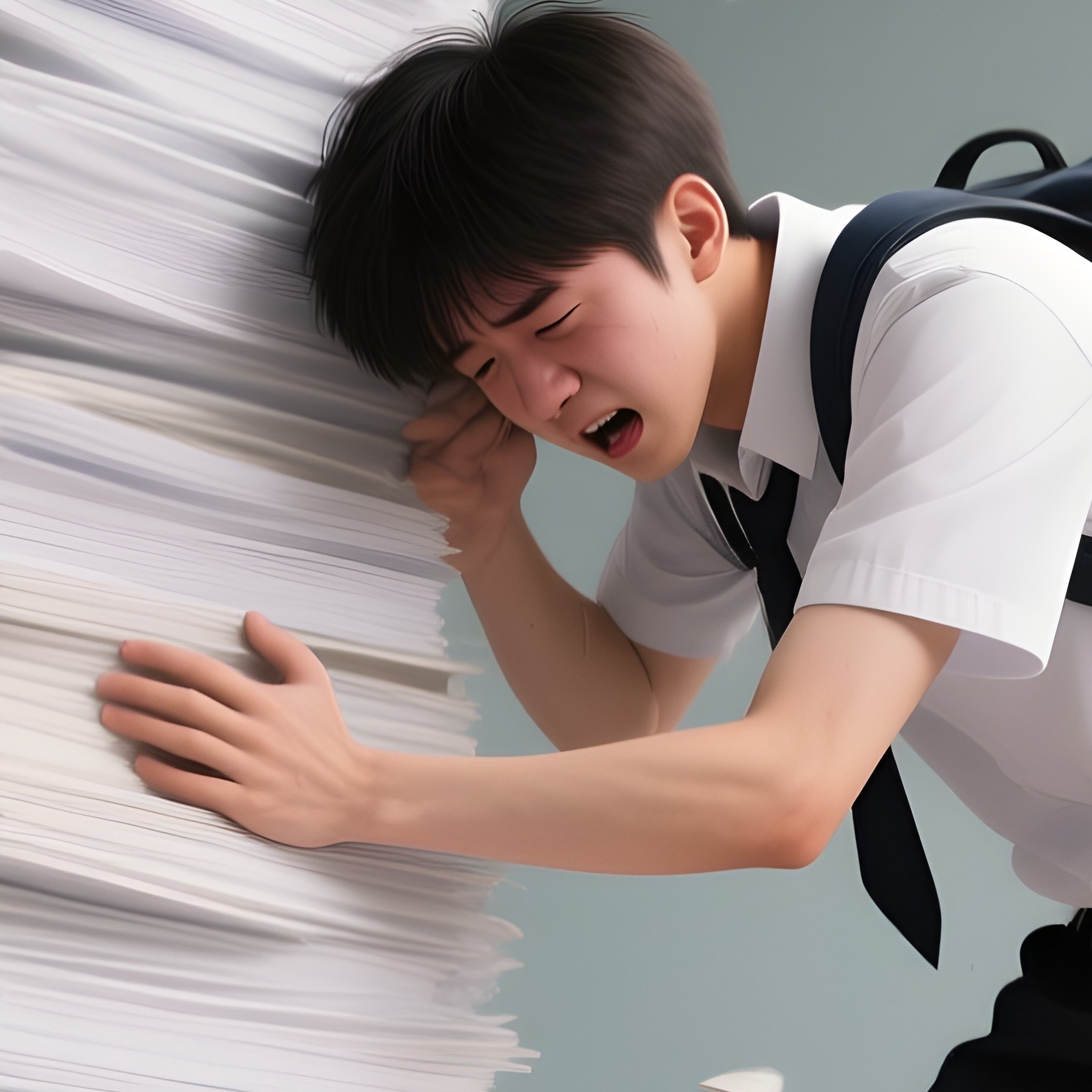 Photorealistic Image: A Student Struggling To Keep A Giant Stack Of Papers From Flying Away. - Full Resolution Quality Preview