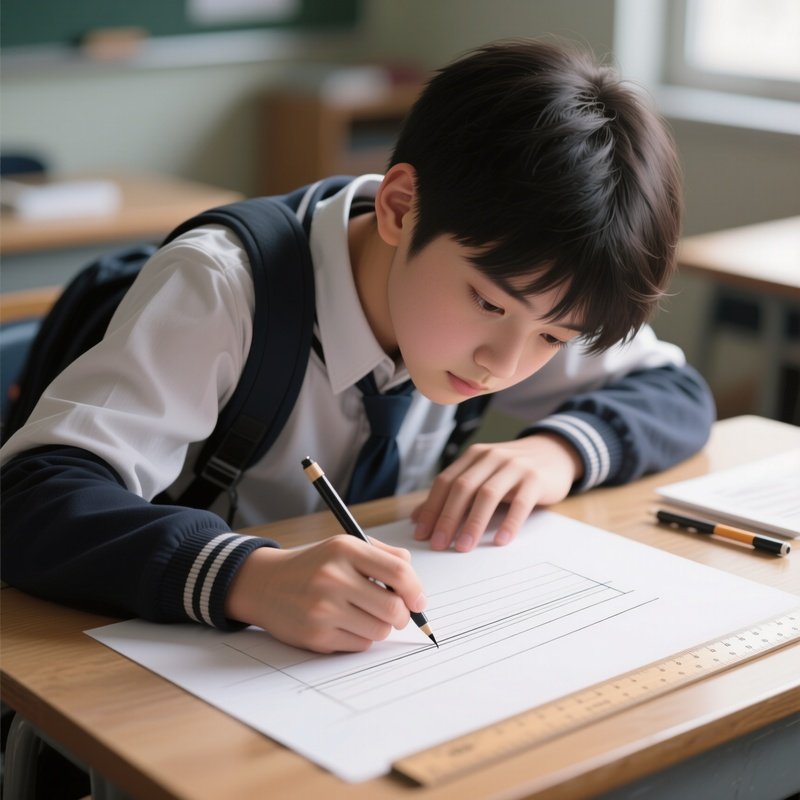 Photorealistic Image: A Student Trying To Draw Straight Lines Without A Ruler.