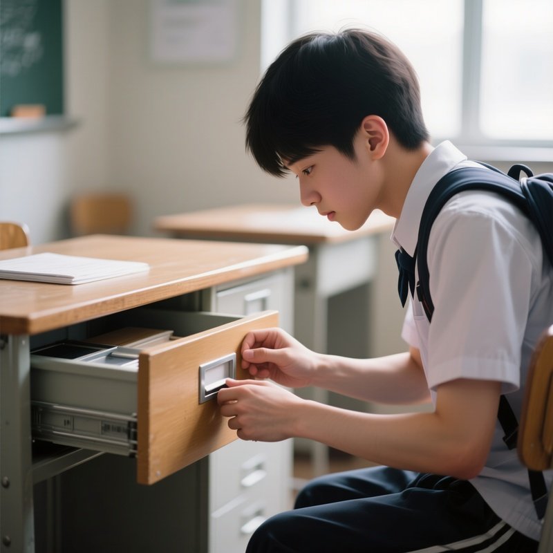 Photorealistic Image: A Student Trying To Quietly Open A Squeaky Desk Drawer.