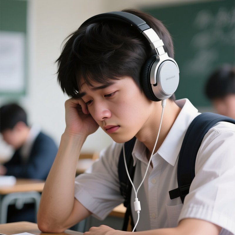 Photorealistic Image: A Student Wearing Headphones, Forgetting They’Re Not Plugged In.